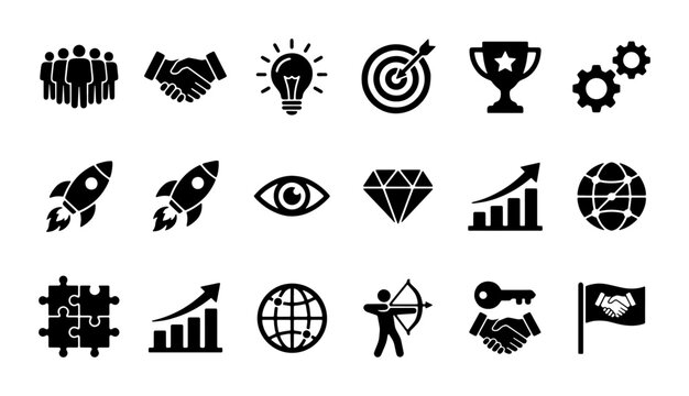 Business strategy icons set, 18 black vector symbols for corporate growth and startup success, professional management and leadership icons