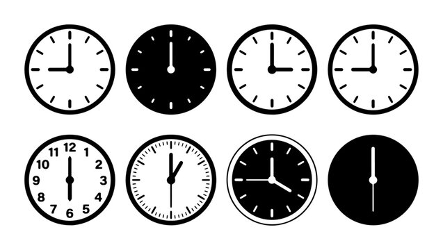 Minimalist wall clock icon set, 8 black and white analog clock vectors, modern time management symbols for scheduling and productivity apps