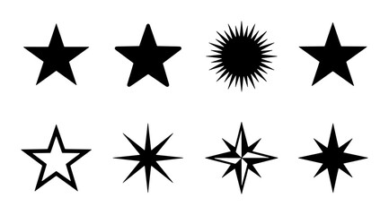 Obraz premium Minimalist black star icons set, 8 vector star shapes and celestial symbols, simple geometric star silhouettes for rating and decoration