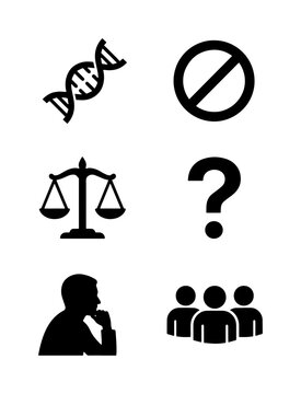 Bioethics and social justice icon set, 6 black vector symbols for science and law, DNA helix and justice scales icons, thinking man and group silhouette