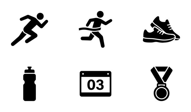 Running and marathon icon set, black silhouette sports symbols, 6 vector elements for track and field athletics, fitness and racing equipment icons
