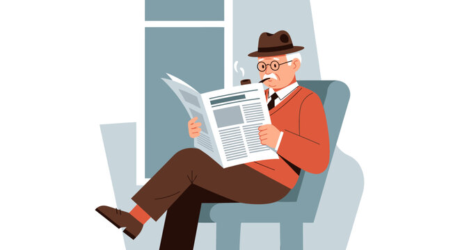 Elderly Gentleman Reading Newspaper While Smoking Pipe.