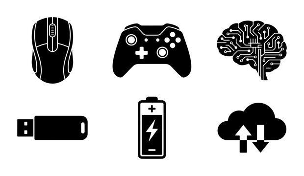 Modern technology icons set, black vector silhouettes of computer mouse and game controller, artificial intelligence brain and cloud storage symbols