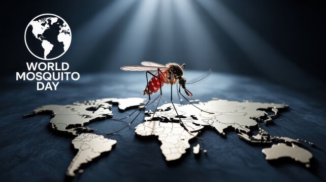 World Mosquito Day illustration with a mosquito on a world map under a dramatic spotlight
