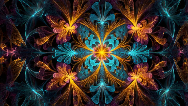 Glowing fractal flower pattern intricate repeating petals with neon light trails mathematical symmetry