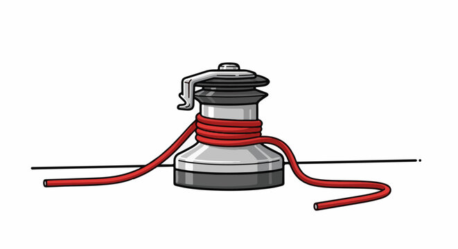 A nautical winch with red rope wrapped around it