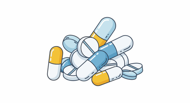 A pile of various pills and capsules, some blue, white, and yellow