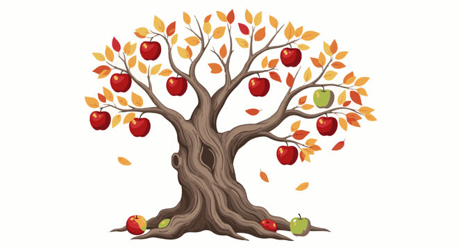 A pixel art illustration of a mature, gnarled apple tree laden with red and green fruit and colorful autumn leaves