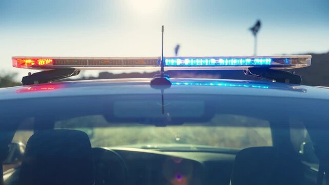 Police vehicle roof light bar flashing red and blue emergency signals on sunny day. Close-up view of law enforcement car with antenna and windshield visible against clear sky.