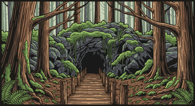A pixelated forest path leads to a dark, moss-covered cave entrance framed by trees