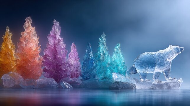 Polar bear ice sculpture beside colorful crystal trees on frozen lake in winter twilight