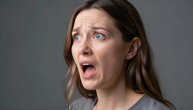 Una mujer  demostrando un momento de panico inexperado.