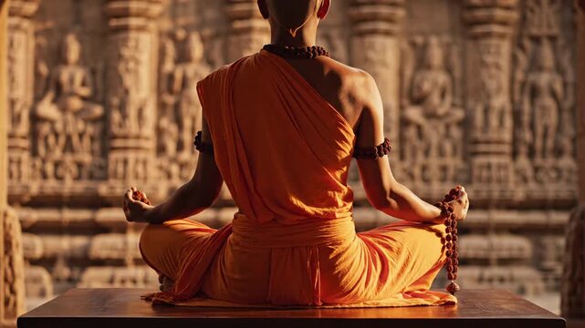 Monk meditating in lotus pose wearing orange robes, serene spiritual practice, ancient temple background, calm peaceful atmosphere, wellness and mindfulness