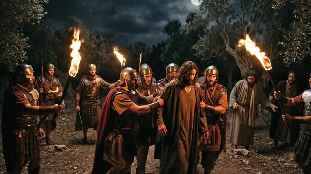 The apprehension of Jesus Christ, a profound betrayal in the sacred Garden of Gethsemane, Roman soldiers with flaming torches capture, dramatic ancient biblical event at night