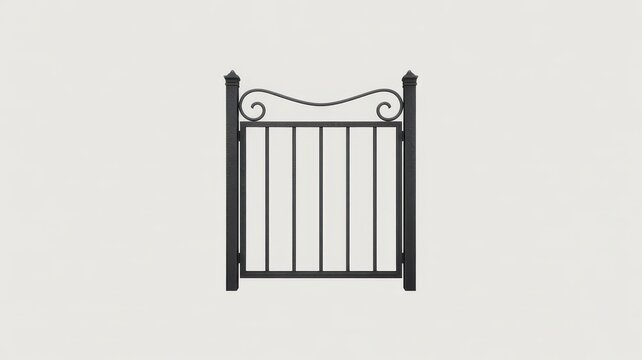 Classic black wrought iron garden gate with decorative scroll top on light background