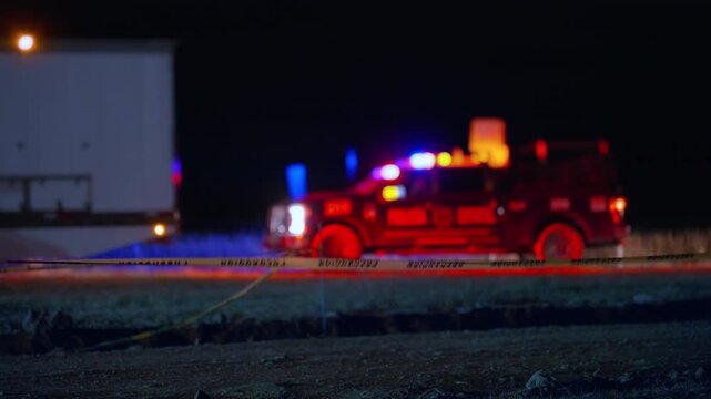 Red fire truck with flashing emergency lights parked behind yellow caution tape at night scene. Blurred bokeh effect creates dramatic atmosphere at incident location with industrial building.
