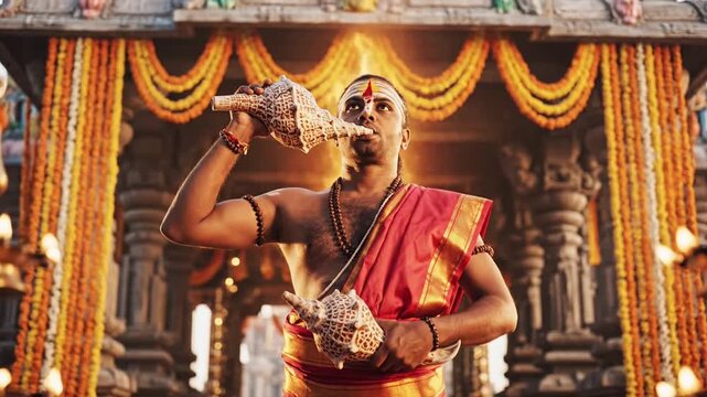 Hindu priest blowing a conch shell outdoors in a temple courtyard with marigold garlands and flickering lamps, invoking spirituality and tradition