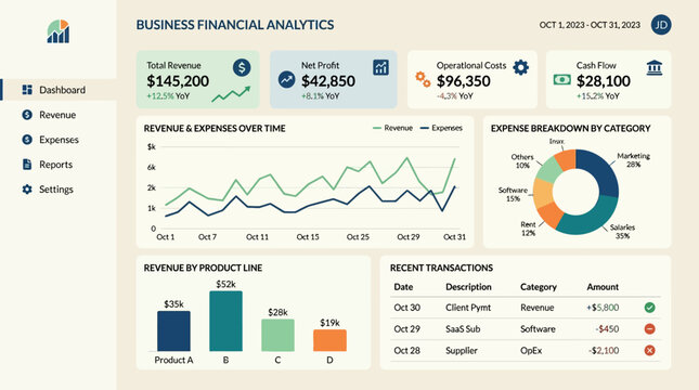 Professional financial dashboard interface displaying business analytics with revenue growth metrics and expense breakdowns shown in various charts and tables