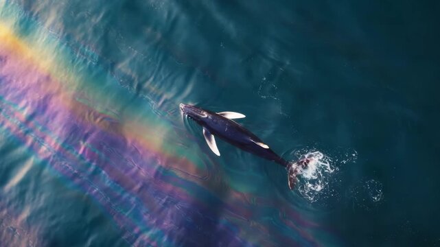 Large whale swimming near a vibrant rainbow colored oil slick on the surface of deep blue sea water, environmental pollution concept.
