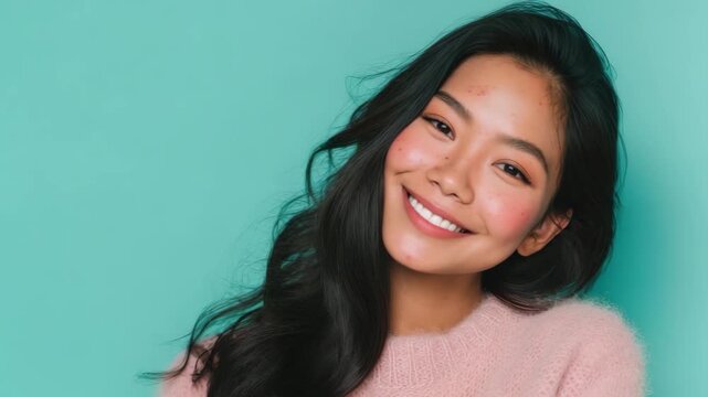 Young woman with visible acne, pimples, and post acne marks on her face, smiling confidently against a bright turquoise background.