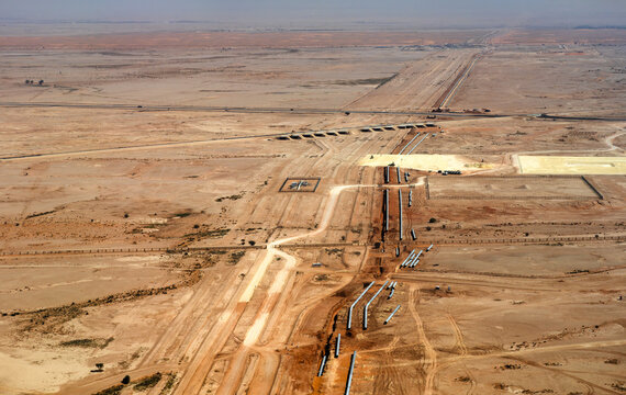 Aerial view of pipeline construction in the desert near Riyadh in Saudi Arabia
