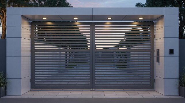 Modern automatic driveway gate with horizontal slats and integrated lighting at dusk