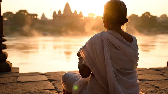 Woman in white sari performing puja ritual with oil lamp at sunrise, Ganges river bank, spiritual atmosphere, ancient temple background