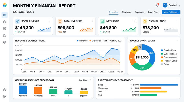 Digital financial report dashboard displays monthly revenue, expense trends, net profit metrics, and departmental profitability through various charts and informative graphs.