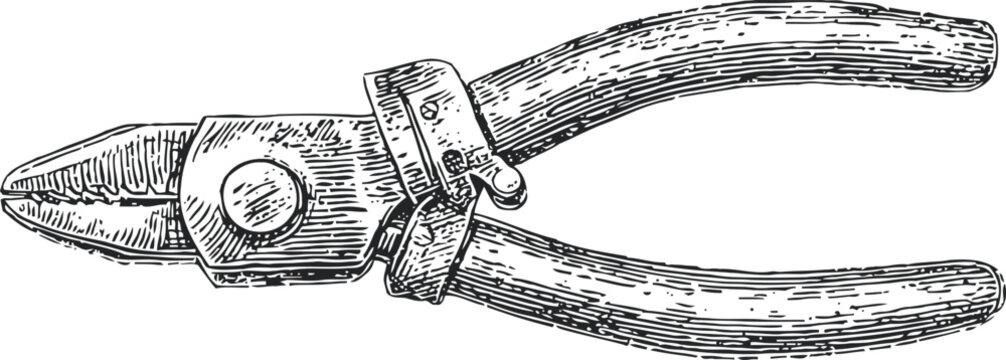 Vintage pliers illustration hand drawn detailed drawing of old metal tool for gripping and cutting