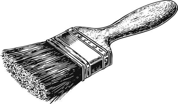 Hand drawn illustration of a wooden paintbrush with detailed bristles and metal ferrule in vintage