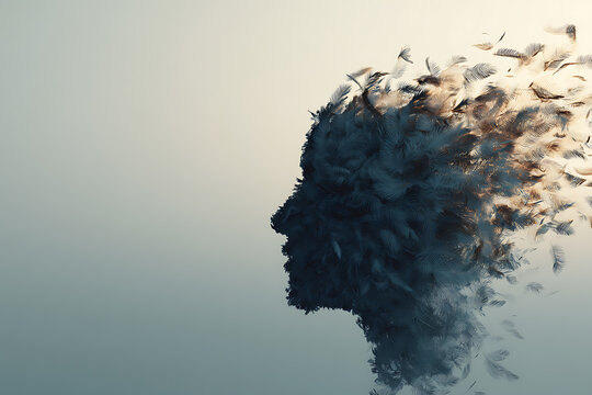 Mental health concept with human head dissolving into feathers, symbolizing release of anxiety, emotional freedom, letting go of stress, healing, inner peace and transformation toward clarity and bala