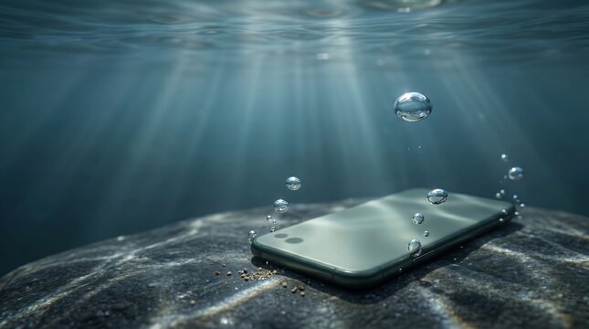 Smartphone underwater resting on a rock. Submerged mobile phone with air bubbles rising in deep blue sea. Waterproof technology concept, durable device performance in liquid environment.