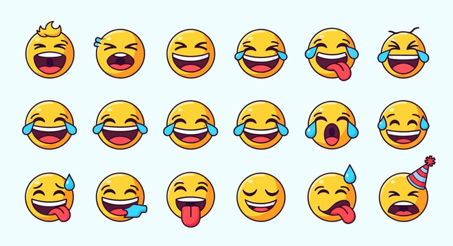 Collection of laughing emojis with tears of joy ai dashboard data visualization futuristic interface analytics UI digital technology
