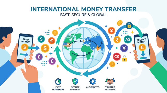 Two people using smartphones to send and receive international money transfers with various global currency icons and digital secure technology