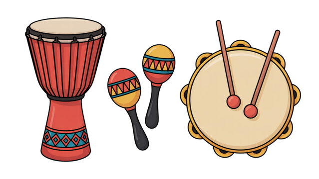 Colorful traditional african hand drums and percussion instruments set