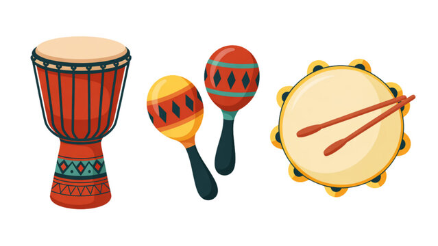 Colorful set of traditional hand percussion instruments displayed together
