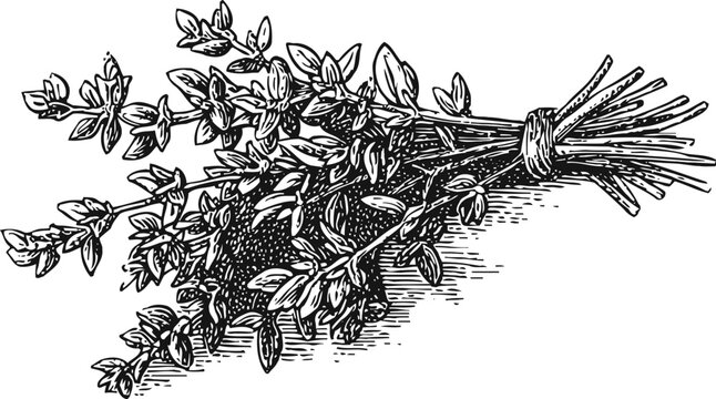 Bundle of fresh thyme herb tied with string detailed botanical vintage illustration