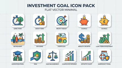 Fototapeta premium This collection of flat vector icons displays various financial investment goals including savings, retirement planning, growth charts, and wealth management strategies.