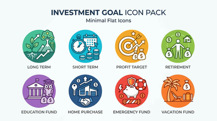 Fototapeta premium A set of colorful flat icons illustrating various investment goals such as retirement, education, and savings for a secure future