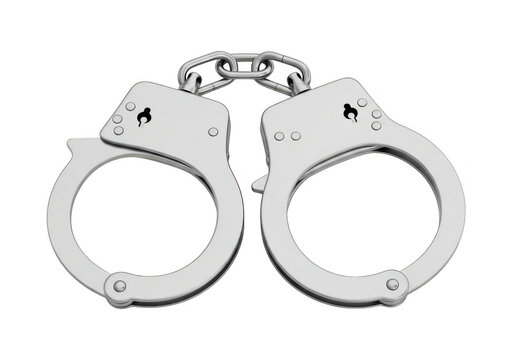 A pair of shiny silver metal handcuffs displayed in a closed position on transparent background