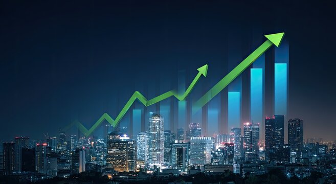 Digitally enhanced image showing an upward trending green graph over a nighttime cityscape