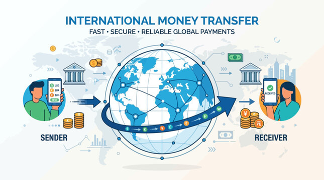 Sender and receiver engage in fast, secure, reliable international money transfer using mobile phones and global banking.