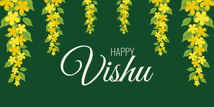 Happy Vishu horizontal Banner design. Vector golden rain tree Floral Frame with yellow Flowers and elegant holiday Happy Vishu message isolated green background. EPS 10