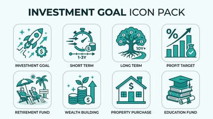 Fototapeta premium A comprehensive collection of modern, visually appealing teal-colored outline icons representing various essential financial investment goals, strategies, and planning objectives.