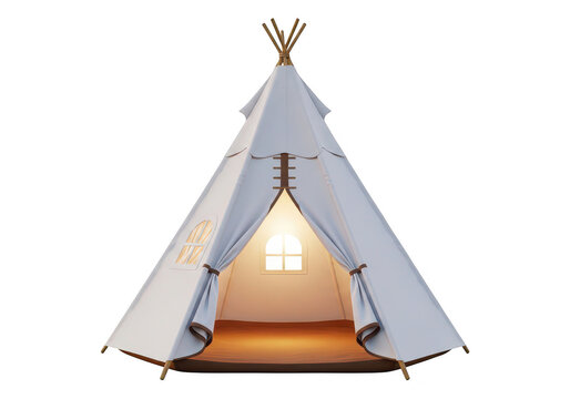 A detailed 3d rendering of a white teepee with an illuminated entrance on transparent background