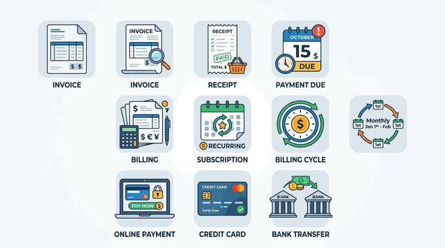 Set of professional finance icons illustrating diverse billing processes including invoices, recurring subscriptions, payment due dates, online transactions, and secure global bank money transfers