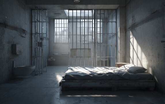 Sparse prison cell with barred windows, concrete walls, and a single cot