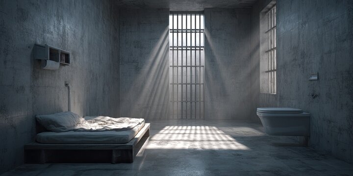Stark prison cell with barred windows, rough walls, and a simple bed