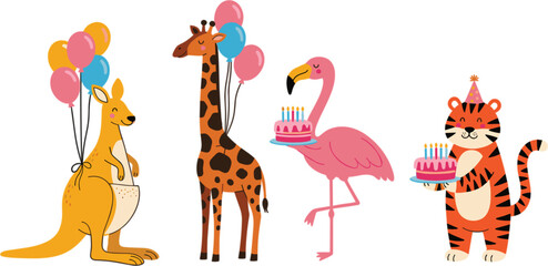 Naklejka premium Cute animals birthday party with kangaroo giraffe flamingo and tiger celebration cartoon vector illustration
