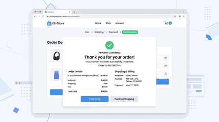 Obraz premium Online shopping order confirmation screen shows payment details and successful transaction for headphones and clothing.
